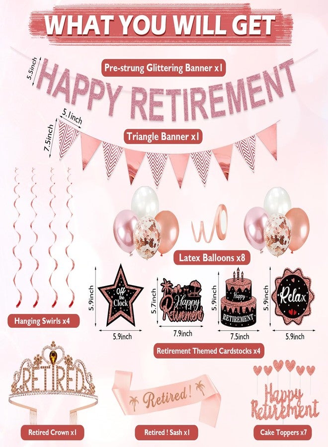 Uiorgui Rose Gold Retirement Party Decorations for Women, Retired Crown and Sash Retirement Backdrop Balloons Cake Toppers Hanging Swirls Retired Parties Supplies 24PCS - Image 2