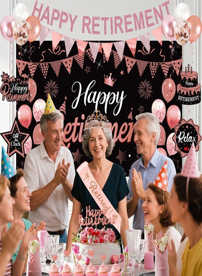 Uiorgui Rose Gold Retirement Party Decorations for Women, Retired Crown and Sash Retirement Backdrop Balloons Cake Toppers Hanging Swirls Retired Parties Supplies 24PCS - Image 5