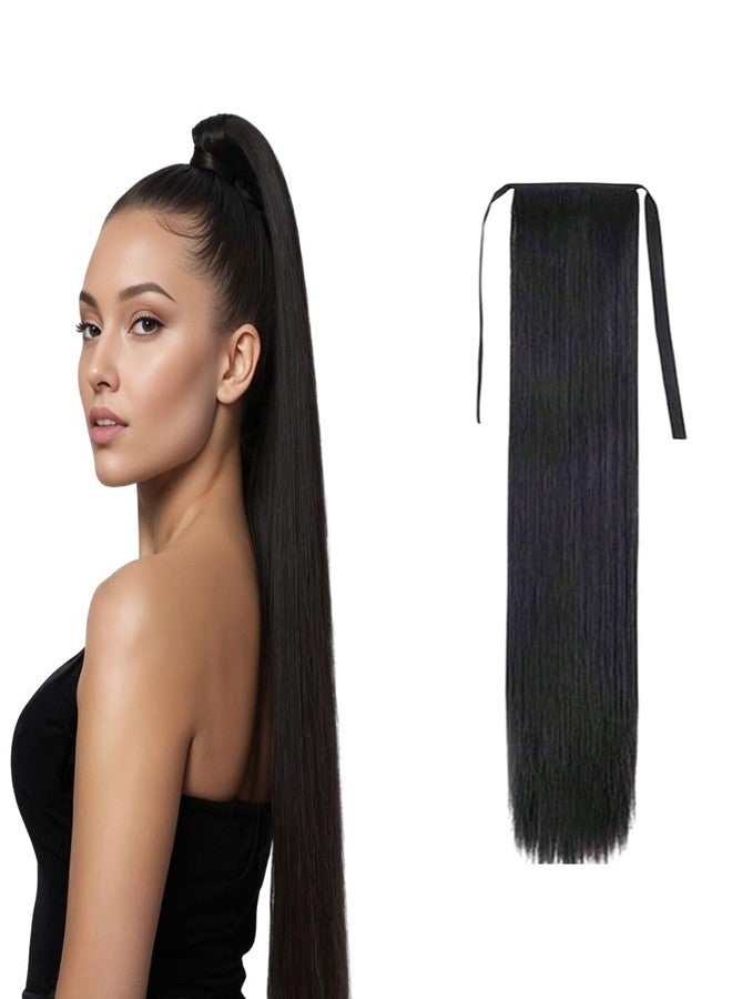 BLUSHIA hair extensions for women Black, Ribbon 24" Straight Hair Extension Natural Black, 1-pack 3/4 Full Head Curly Synthetic Hair Extensions, Black - Image 1