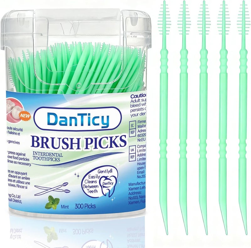 دانتيسي أعواد أسنان بينية من Brushpicks، أعواد خيط تنظيف الأسنان ذات الشعيرات الناعمة، تساعد في إزالة البلاك والحطام بين أسنانك، نعناع، 300 قطعة (عبوة من 1) - Image 1