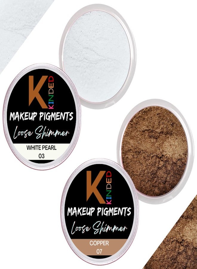 KINDED Loose Shimmer Makeup Foil Pigments Glitter Eyeshadow for Women Smokey Eyes Face Brow Bones Body Highlighter Metallic Beauty Shiny Dust Powder Pearls (Combo 3gm each, White Pearl & Copper) - Image 1