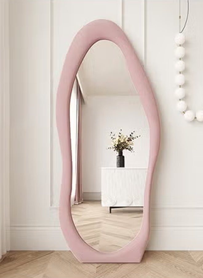 إن كي أكس مرآة أرضية عصرية بطول كامل 60 × 160 سم، مرآة تزيين قائمة غير منتظمة الشكل لكامل الجسم لغرفة النوم وغرفة المعيشة، إطار وردي - Image 1