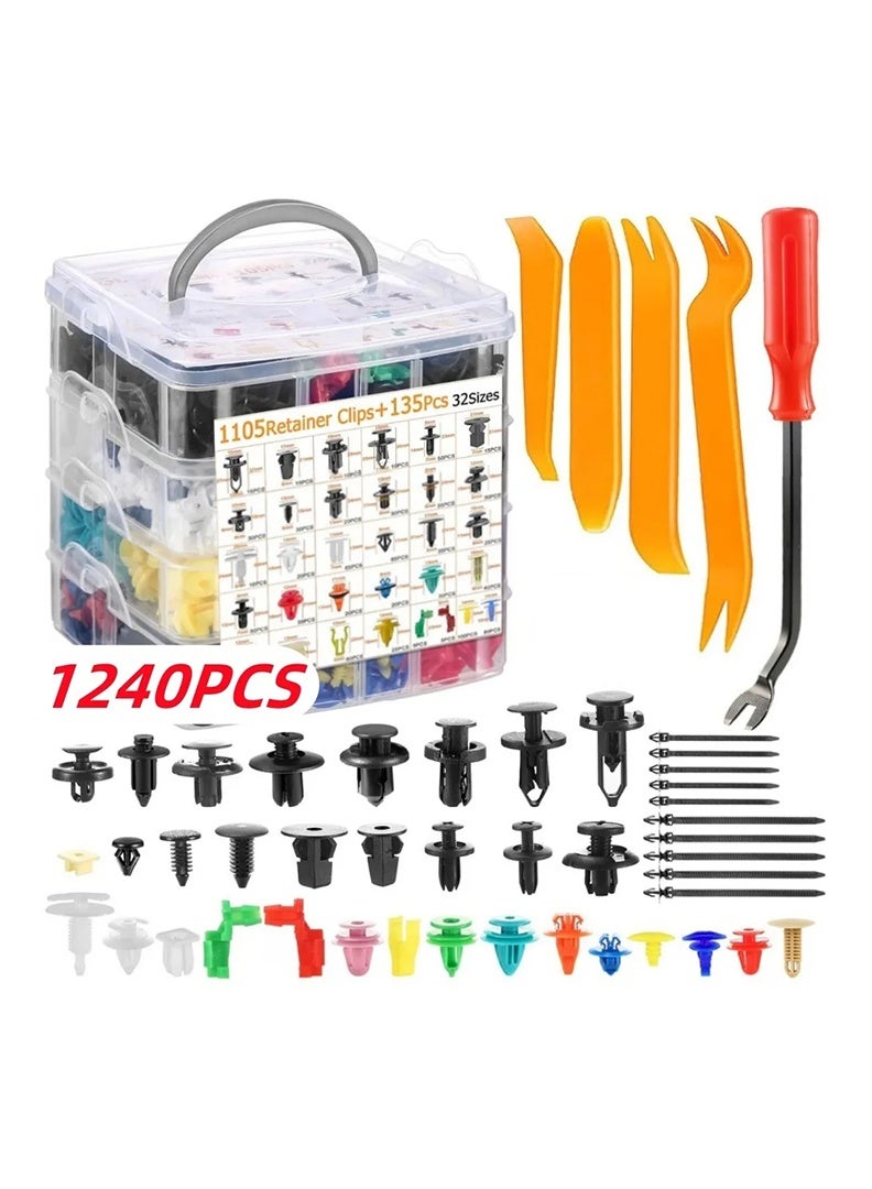 1240 قطعة من مشابك التثبيت للسيارة تشمل 32 مقاسًا عالميًا من روابط الصدمات والرفارف النايلون، وروابط بلاستيكية، ومجموعة مشابك تثبيت، ومشابك لوحات الأبواب، وروابط بلاستيكية مع 10 أربطة حزمة وأداة إزالة. متوافق مع تويوتا، فورد، هوندا، شيفروليه، بي إم دبليو، مرسيدس، أودي، نيسان. - Image 1
