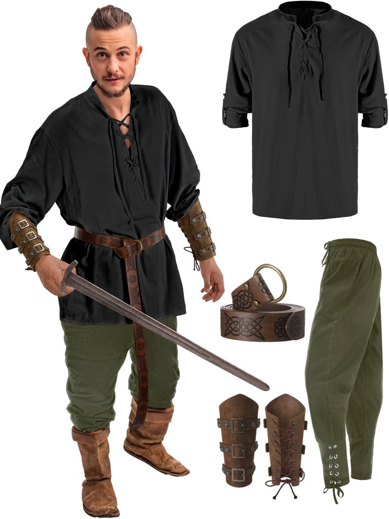 Jiuguva 4 Pcs Halloween Men's Renaissance Costume Set Medieval Pirate Shirt Ankle Banded Pants Viking Belt Accessories (Elegant Color,X-Large) - Image 2