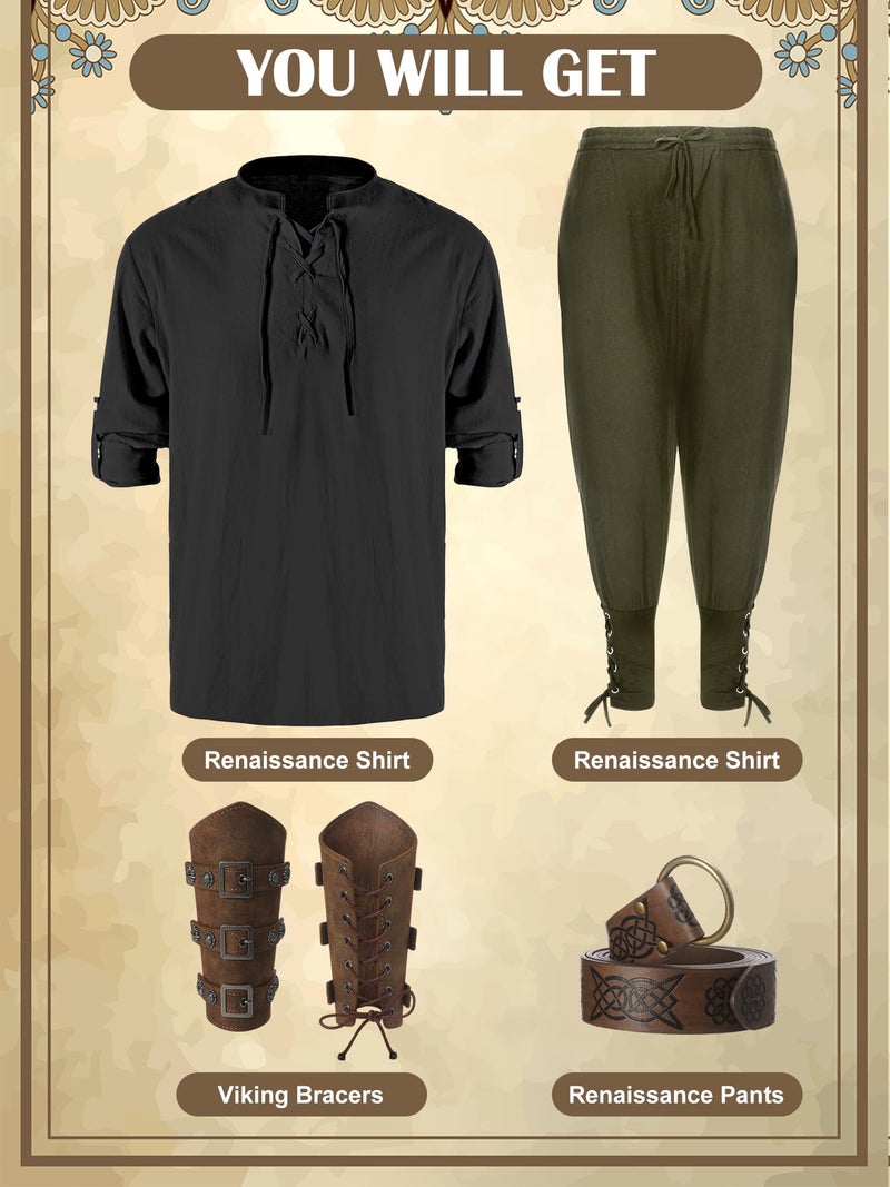 Jiuguva 4 Pcs Halloween Men's Renaissance Costume Set Medieval Pirate Shirt Ankle Banded Pants Viking Belt Accessories (Elegant Color,X-Large) - Image 5