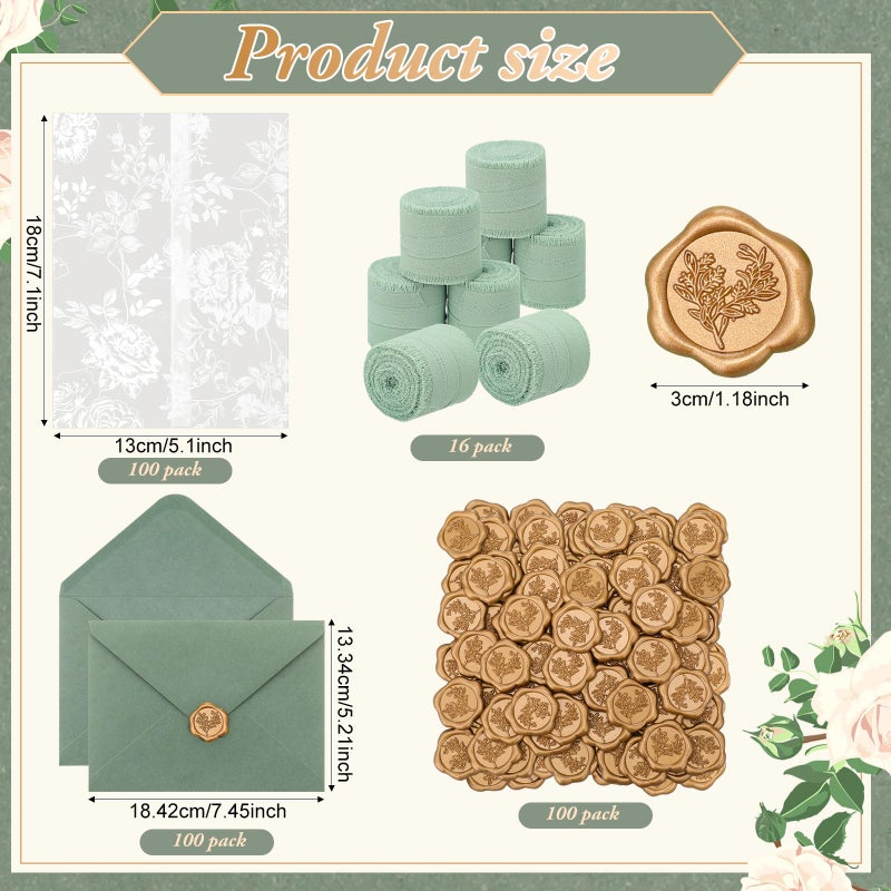 YooNotee 100 Set Wedding Invitation Kit Wedding Vellum Jackets Bulk for 5x7 Sage Green Envelope Liners Gold Wax Seal Stickers Invitation Accessories for Bridal Invite Baby Shower DIY Craft (Rose) - Image 3