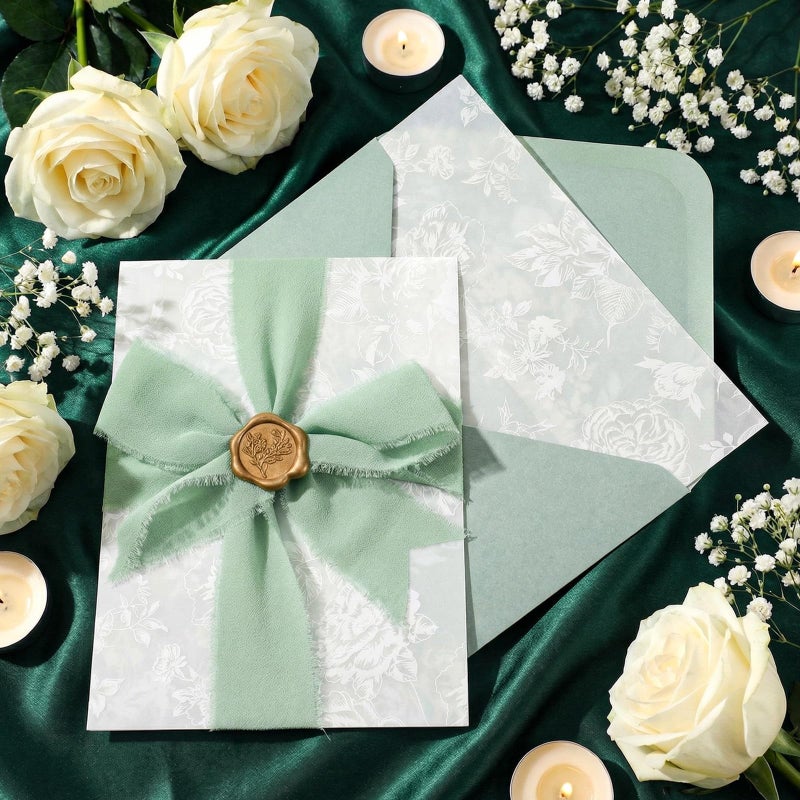 YooNotee 100 Set Wedding Invitation Kit Wedding Vellum Jackets Bulk for 5x7 Sage Green Envelope Liners Gold Wax Seal Stickers Invitation Accessories for Bridal Invite Baby Shower DIY Craft (Rose) - Image 4
