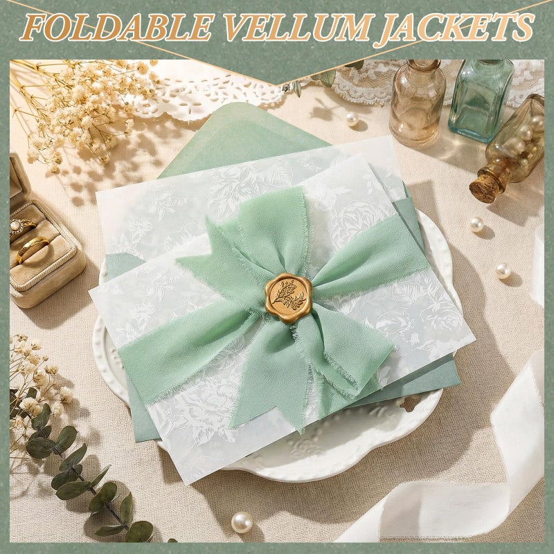 YooNotee 100 Set Wedding Invitation Kit Wedding Vellum Jackets Bulk for 5x7 Sage Green Envelope Liners Gold Wax Seal Stickers Invitation Accessories for Bridal Invite Baby Shower DIY Craft (Rose) - Image 2