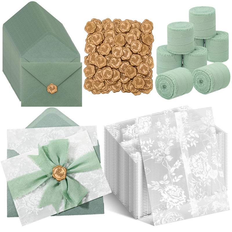 YooNotee 100 Set Wedding Invitation Kit Wedding Vellum Jackets Bulk for 5x7 Sage Green Envelope Liners Gold Wax Seal Stickers Invitation Accessories for Bridal Invite Baby Shower DIY Craft (Rose) - Image 1
