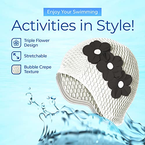 Beemo Latex Swimming Cap for Women, Swim Cap for Long Hair or Short Hair, Bath & Swim Caps to Shield Hair from Damage, Use as Large Shower Cap, White Swimming Cap with Black Flowers - Image 3