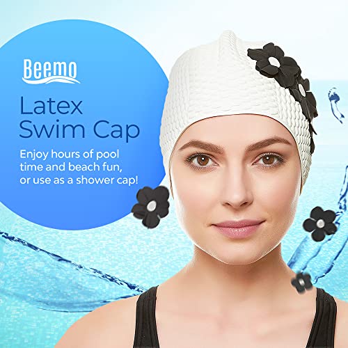 Beemo Latex Swimming Cap for Women, Swim Cap for Long Hair or Short Hair, Bath & Swim Caps to Shield Hair from Damage, Use as Large Shower Cap, White Swimming Cap with Black Flowers - Image 2