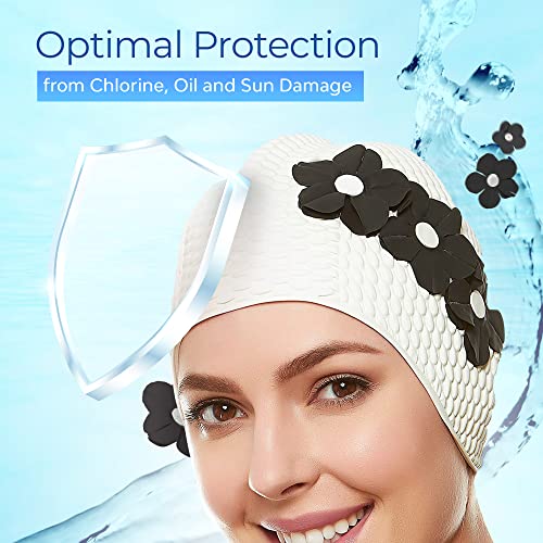 Beemo Latex Swimming Cap for Women, Swim Cap for Long Hair or Short Hair, Bath & Swim Caps to Shield Hair from Damage, Use as Large Shower Cap, White Swimming Cap with Black Flowers - Image 5