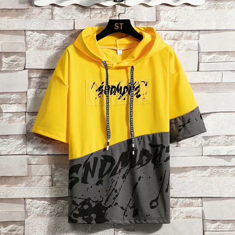 Short-Sleeved Hooded T-Shirt for Men, Trendy Hip-Hop Spliced Ink-Splashed Half-Sleeve Loose Top, Hip-Hop Hooded Short-Sleeve - Image 2