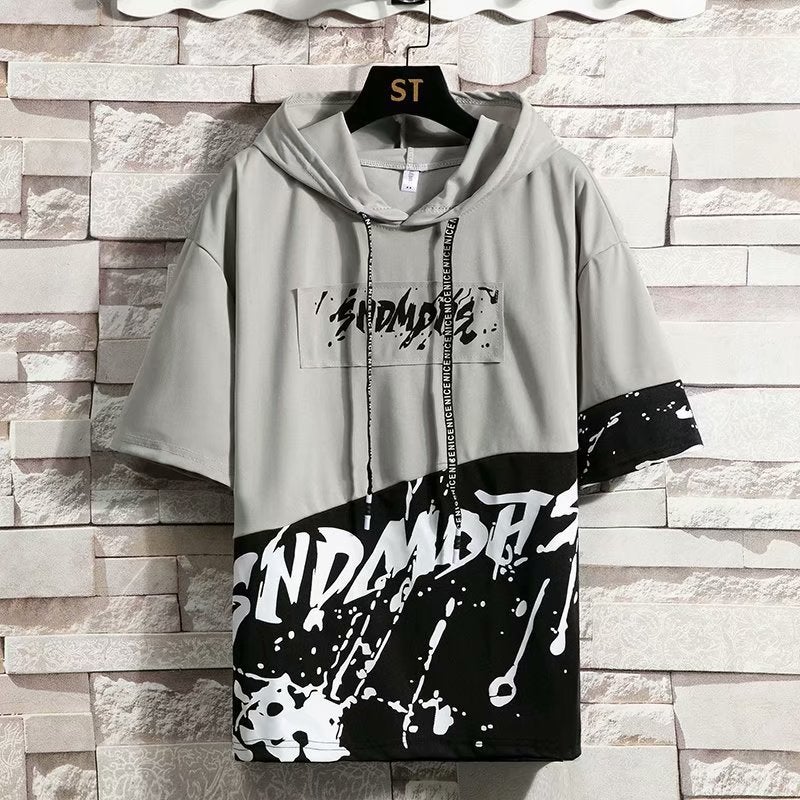 Short-Sleeved Hooded T-Shirt for Men, Trendy Hip-Hop Spliced Ink-Splashed Half-Sleeve Loose Top, Hip-Hop Hooded Short-Sleeve - Image 1