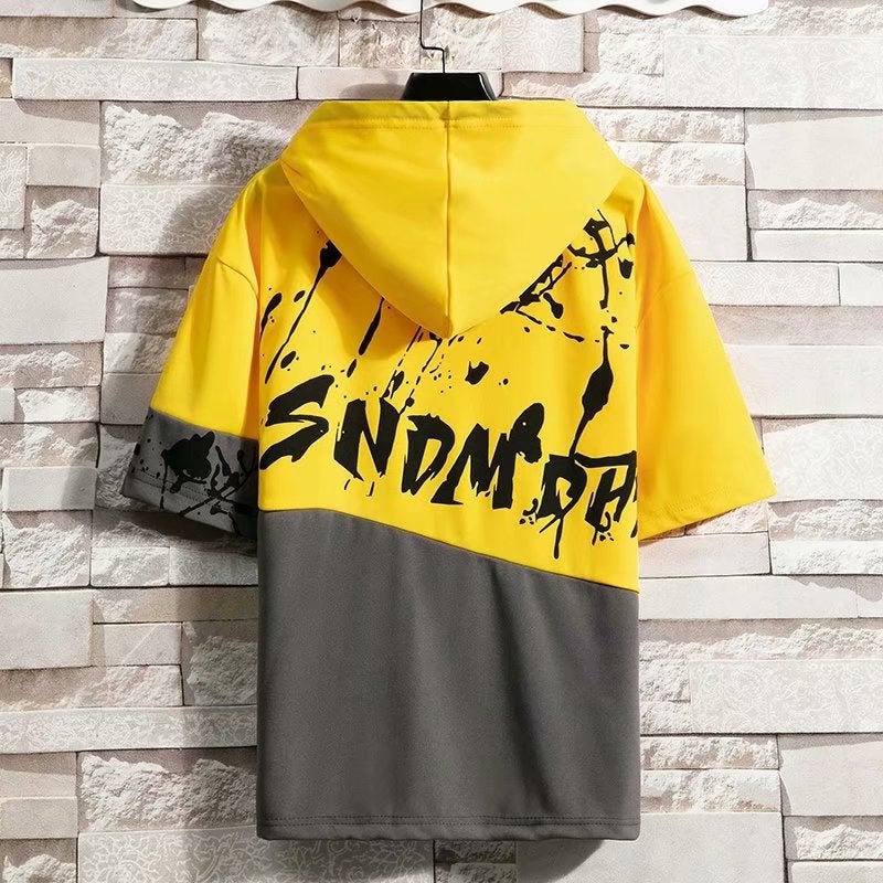 Short-Sleeved Hooded T-Shirt for Men, Trendy Hip-Hop Spliced Ink-Splashed Half-Sleeve Loose Top, Hip-Hop Hooded Short-Sleeve - Image 3