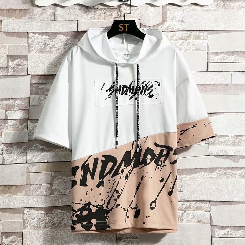 Short-Sleeved Hooded T-Shirt for Men, Trendy Hip-Hop Spliced Ink-Splashed Half-Sleeve Loose Top, Hip-Hop Hooded Short-Sleeve - Image 4