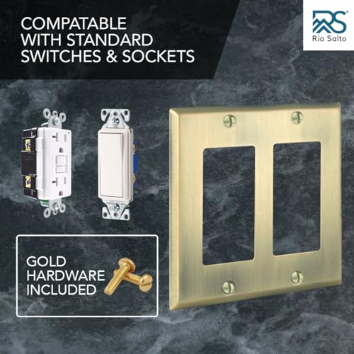 Rio Salto BRASS Metal Double Rocker Decora Antique Gold Electrical Outlet Cover STANDARD SIZE Light Switch Cover Wall Plate Wallplate Decorator GFCI Device Vintage Matte Gold Finish (Rocker, 2-Gang) - Image 4