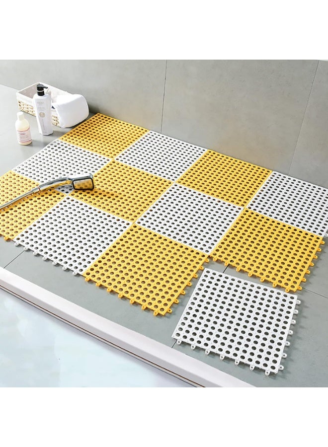 DUNISO 12 Pack Interlocking Non Slip Drainage Floor Tiles，PVC Bath Shower Floor Mat，Square Splicing Bathroom Mat with Drain Holes，Sturdy and Durable，for Bathroom, Kitchen, Pool, Wet Areas，30x30cm，Yellow+White - Image 1