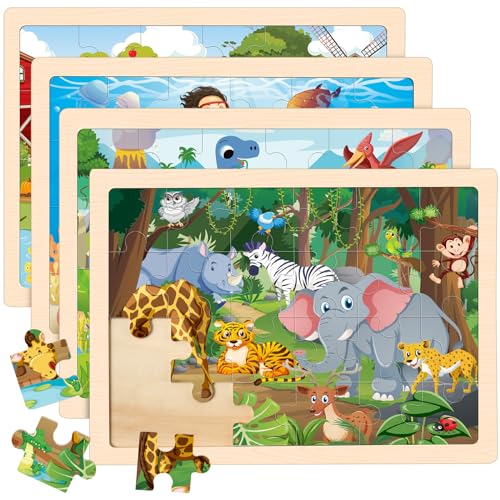 LACCHOUFEE Wooden Animals Puzzles for Kids Age 3 4 5 Year Old 4 Pack 24 Pcs Montessori Toddler Jigsaw Puzzles for Girl boy Activities Preschool Learning Educational Birthday Gift Travel Autistic Wooden Toys - Image 1