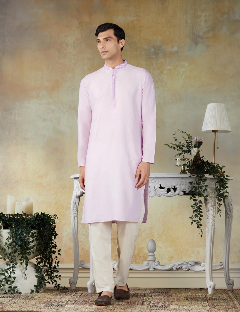 KISAH Mens Kurta - Solid Cotton Blend Festivewear – Traditional Ethnic Wear Kurta for Men for Weddings & Festivals Lavendar - Image 2