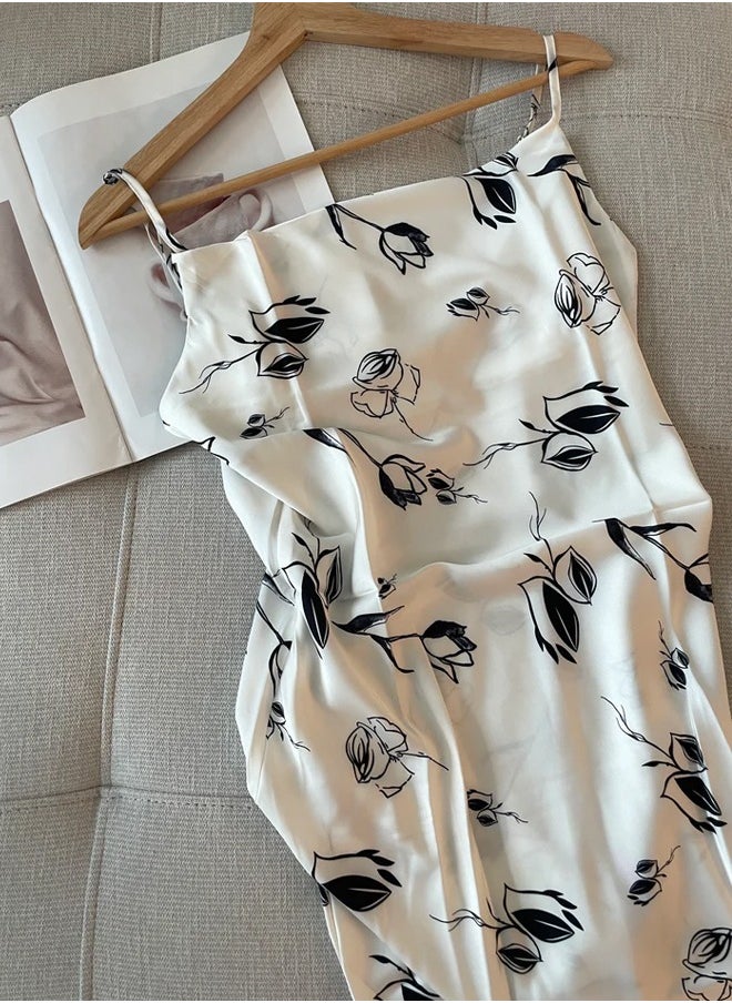 ZCM-HAPPY Pure Desire Women's Summer Ice Silk Black Rose Printed Pajamas – Celebrity Style High-End Sleeveless Nightdress, Thin and Breathable  - Image 4
