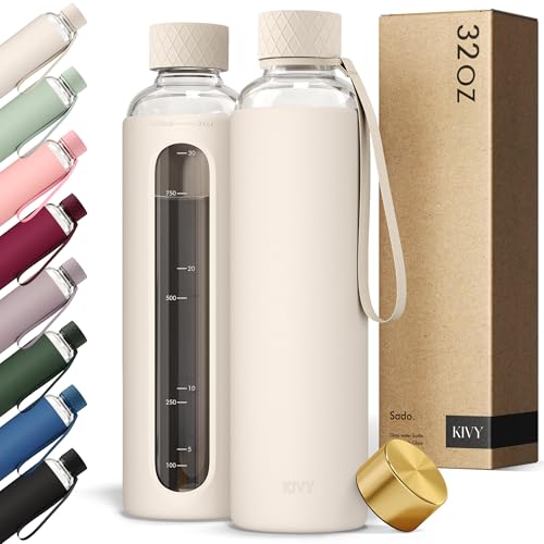 KIVY Glass Water Bottle with Silicone Sleeve 32 oz WITH MEASUREMENT Borosilicate Glass Water Bottle Screw Top Clear Bottles with Measurement Marking Slim Waterbottle Aesthetic Cream White - Image 1