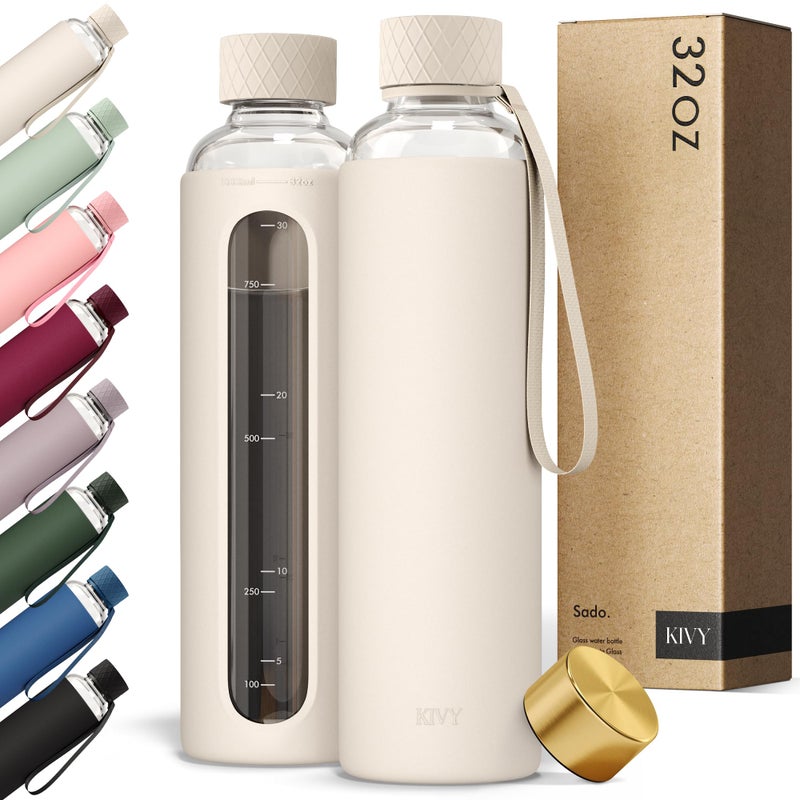 KIVY Glass Water Bottle with Silicone Sleeve 32 oz WITH MEASUREMENT Borosilicate Glass Water Bottle Screw Top Clear Bottles with Measurement Marking Slim Waterbottle Aesthetic Cream White - Image 2