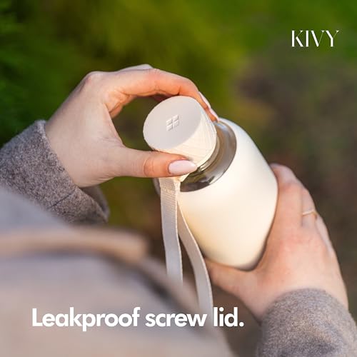 KIVY Glass Water Bottle with Silicone Sleeve 32 oz WITH MEASUREMENT Borosilicate Glass Water Bottle Screw Top Clear Bottles with Measurement Marking Slim Waterbottle Aesthetic Cream White - Image 3