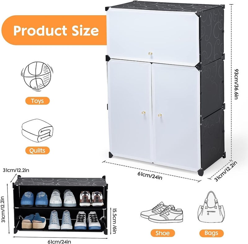 KEEKOS Portable Shoe Rack for HomeShoe Rack Plastic with DoorAdjustable Plastic Shoe Rack for BedroomOutdoor HighDensity PP Frame for Shelves Black White 3Door6Shelves - Image 2