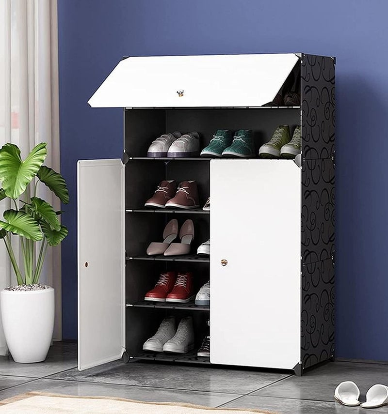 KEEKOS Portable Shoe Rack for HomeShoe Rack Plastic with DoorAdjustable Plastic Shoe Rack for BedroomOutdoor HighDensity PP Frame for Shelves Black White 3Door6Shelves - Image 1