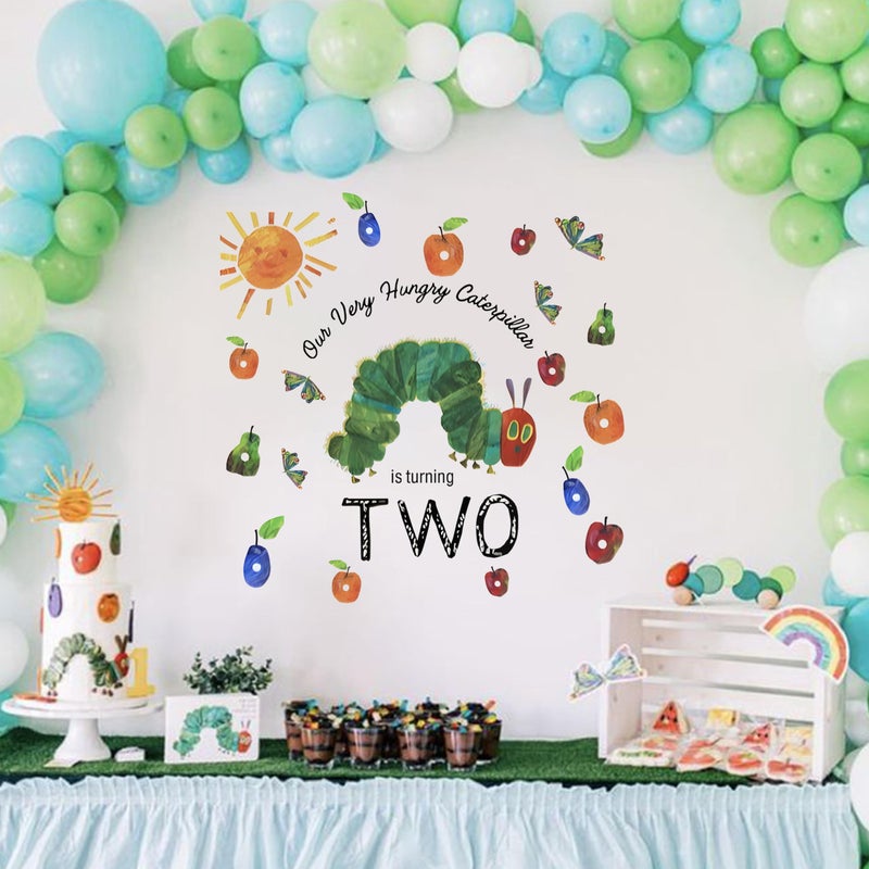 Capiont Our Very Hungry Caterpillar is Turning Two Decal - Caterpillar Themed 2nd Birthday Party Decorations for Girls Boys, Fruits and Sun Designï¼ŒBalloon Arch Decor (Caterpillar Two Green) - Image 1