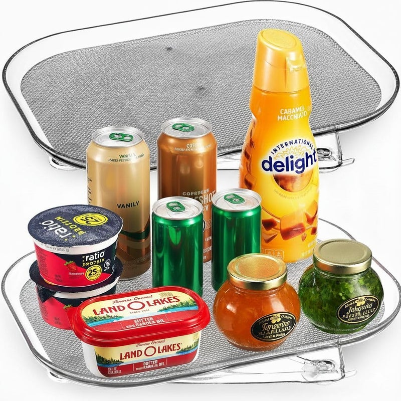 Oizeir Refrigerator Lazy Susan (2PK) - Clear Rectangular Fridge Organizer - Turntable Tray Lazy Susan for Refrigerator - Cabinet & Pantry Organizer - Smooth 360° Rotating Swivel Spinning Fridge Shelf - Image 1
