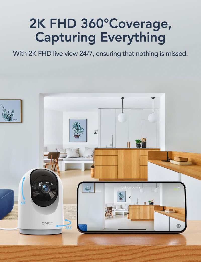 GNCC Indoor Security Camera, 2K Cameras for Home Security with Motion Detection, Baby/Pet Camera with Phone App, Night Vision, 2-Way Audio, TF/Cloud Storage, Works with Alexa & Google Home, 2.4G WiFi - Image 3
