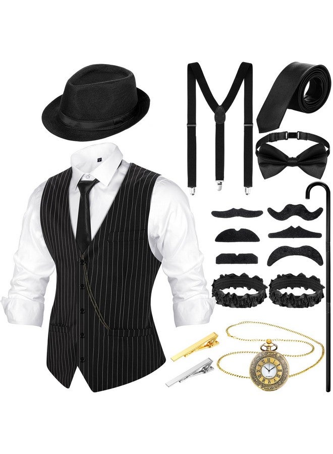 Hercicy Hercicy 1920s Men's Costume Accessories Set, Gangster Vest Hat Suspenders 20s Outfit Clothing for Men 1920s (Black White,Large) - Image 1