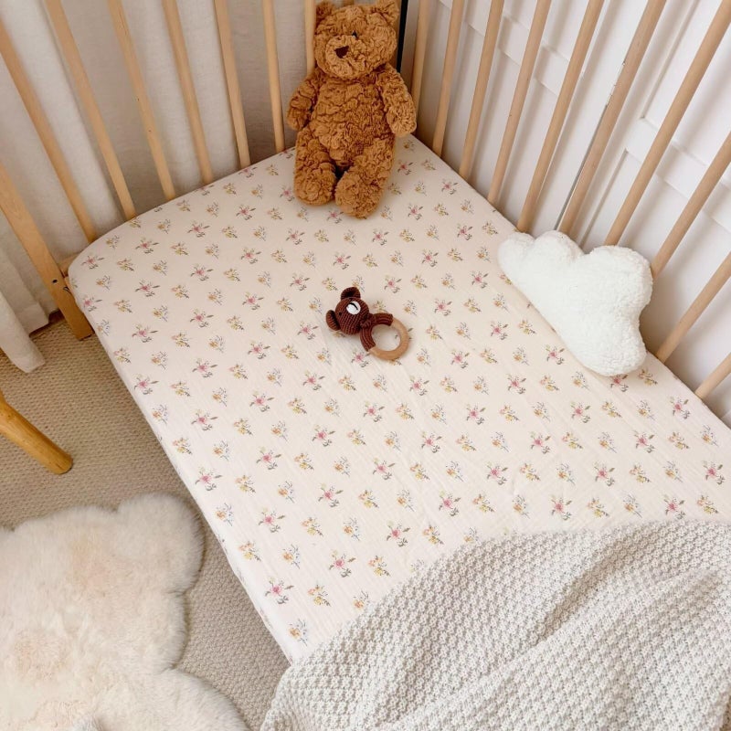 BuLuTu Muslin Floral Print Crib Sheets 2 Pack, Soft Breathable 100% Cotton Neutral Fitted Sheets Set for Standard Crib Mattress & Toddler Mattress 52"x28", Camellia & Azalea - Image 5