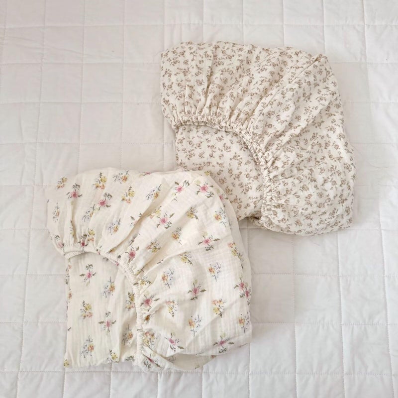 BuLuTu Muslin Floral Print Crib Sheets 2 Pack, Soft Breathable 100% Cotton Neutral Fitted Sheets Set for Standard Crib Mattress & Toddler Mattress 52"x28", Camellia & Azalea - Image 1