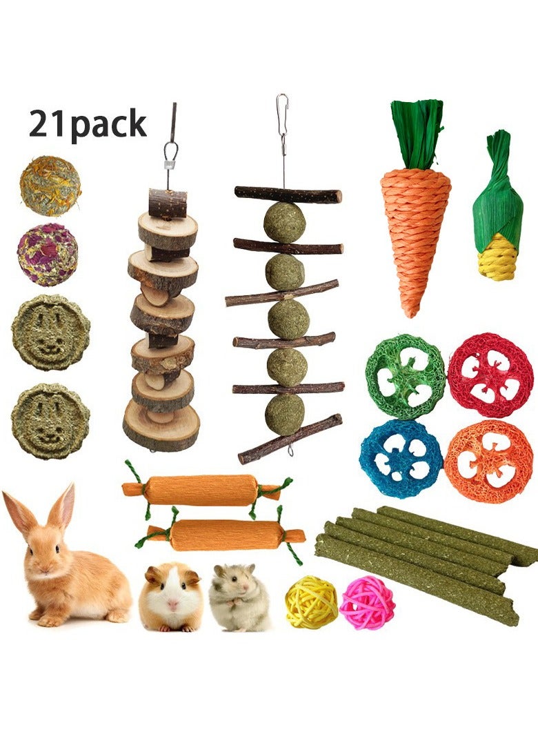 21pcs Bunny Chew Toys for Teeth, Natural Rabbit Toys Apple Wood Grass Timothy Sticks Chew and Treat for Guinea Pigs Hamster Chinchillas - Image 1