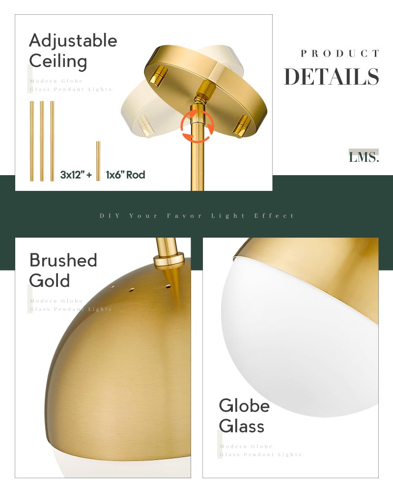 LMS Modern Pendant Lighting Gold Globe Pendant Light Fixture, Mid Century Chandelier One Light Hanging Fixture for Kitchen Island, Adjustable Indoor Lighting for Dinning Room Bedroom, LMS-187 - Image 5