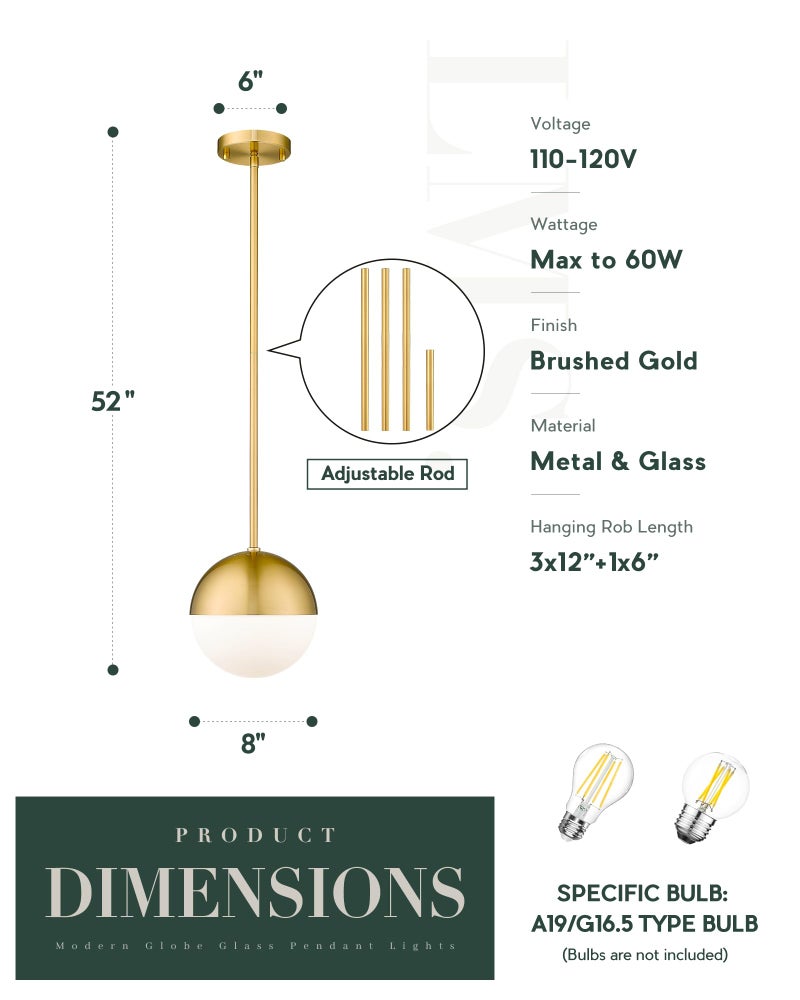 LMS Modern Pendant Lighting Gold Globe Pendant Light Fixture, Mid Century Chandelier One Light Hanging Fixture for Kitchen Island, Adjustable Indoor Lighting for Dinning Room Bedroom, LMS-187 - Image 4