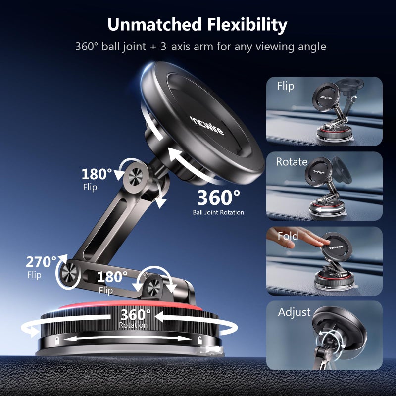 SYNCWIRE for MagSafe Car Mount [3-Axis] Nano Adhesive Gel + Strong Suction Cup Magnetic Phone Holder for Dashboard & Windshield, 360Â° Adjustable for iPhone 17 16 15 14 13 12, Samsung, Matte Black - Image 5