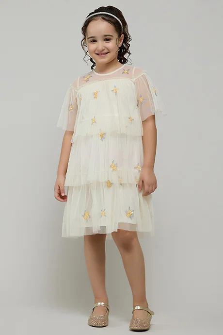 أر أند بي Embroidered Layered Dress with Crew Neck and Flutter Sleeves