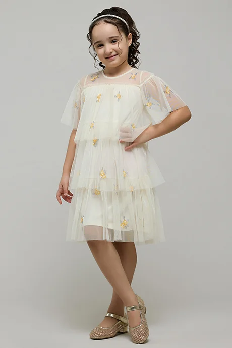 أر أند بي Embroidered Layered Dress with Crew Neck and Flutter Sleeves