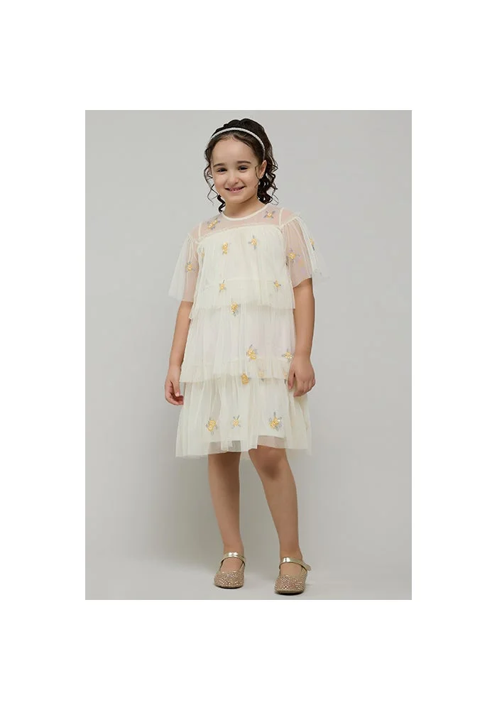 R&b Embroidered Layered Dress with Crew Neck and Flutter Sleeves