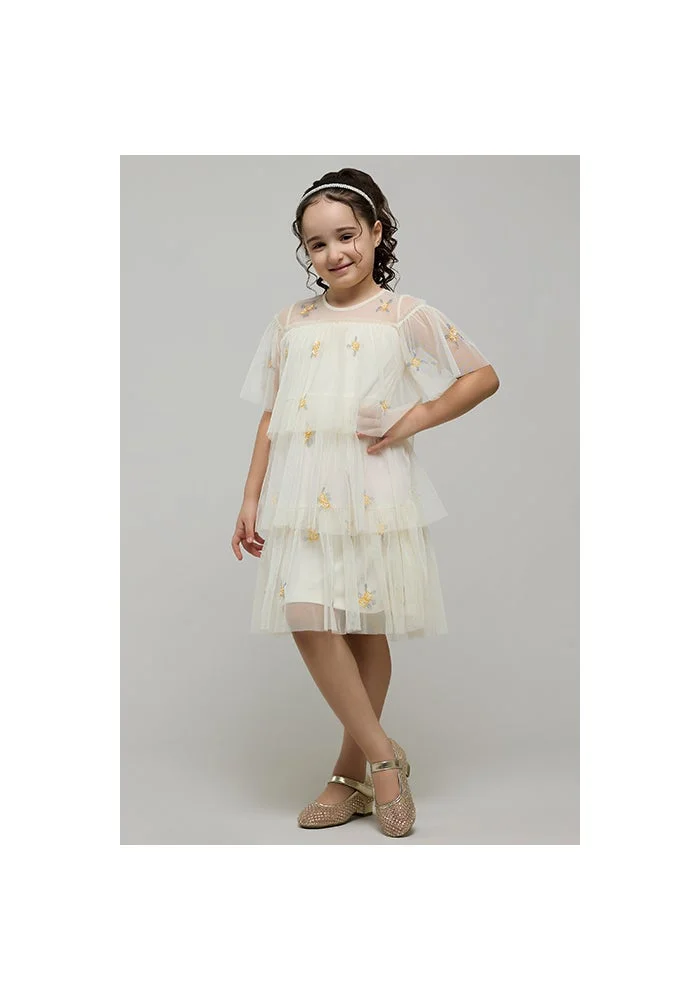 R&b Embroidered Layered Dress with Crew Neck and Flutter Sleeves