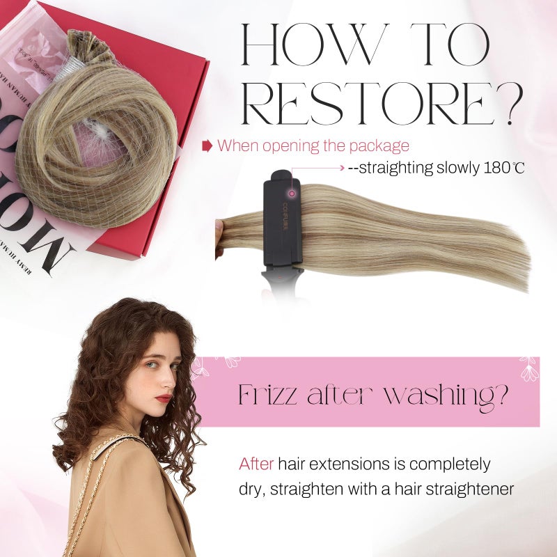 Moresoo Utip Hair Extensions Human Hair Golden Brown Mixed with Platinum Blonde Highlight Pre Bonded Fusion Utip Hair Extensions Thick Nail Tips Extensions 50G/50S 18 Inch - Image 5