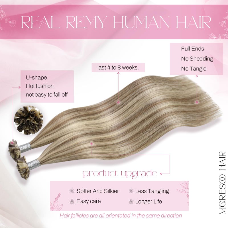Moresoo Utip Hair Extensions Human Hair Golden Brown Mixed with Platinum Blonde Highlight Pre Bonded Fusion Utip Hair Extensions Thick Nail Tips Extensions 50G/50S 18 Inch - Image 2