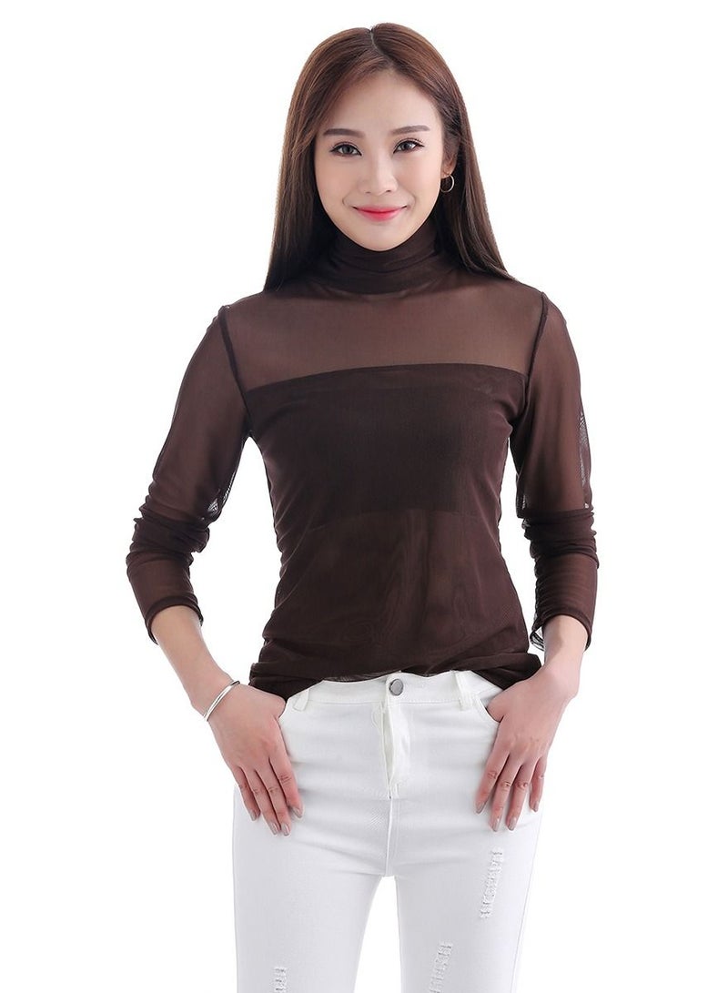 Loquat Lady's Long Sleeve Turtleneck Net Udershirt Slim-Fit Base Layer Shirt Dark Brown  - Image 1
