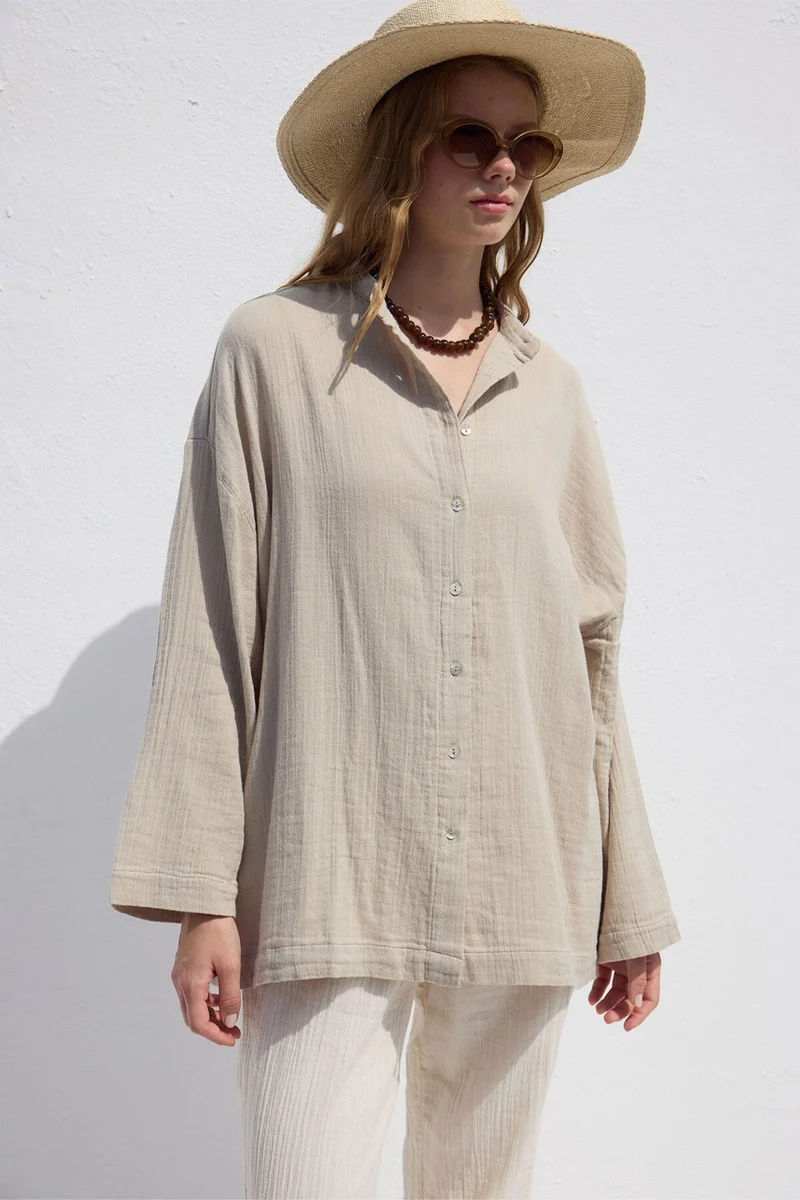Manuka Wide Sleeve Muslin Shirt Sand