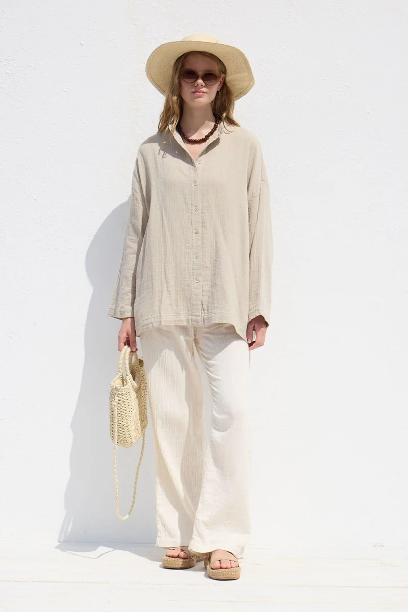 Manuka Wide Sleeve Muslin Shirt Sand
