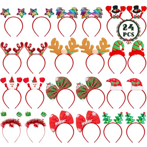 HOVACY 24 Pcs Christmas Headbands 12 Styles Christmas Headwears with Assorted Design Santa Christmas Tree Snowman Stars Reindeer Antler Xmas Party Decor for Women Men Christmas Party Favors - Image 1